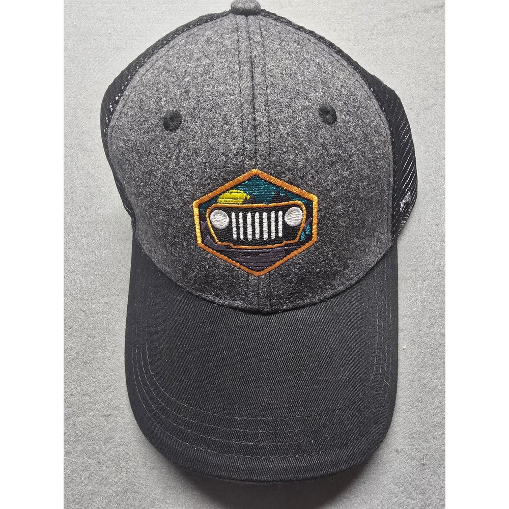 Jeep Trucker Hat Charcoal Gray Wool Blend Mesh Snapback Graphic Grille Cap